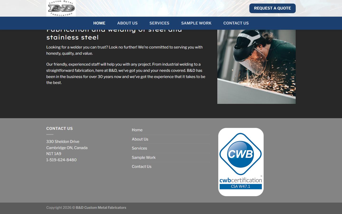 B&D Custom Metal Fabricators homepage, CNC machining in Cambridge, ON