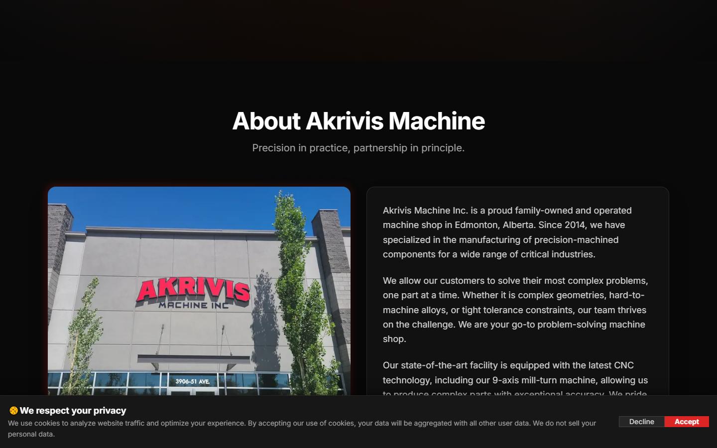Akrivis Machine Inc. homepage, CNC machining in Edmonton, AB
