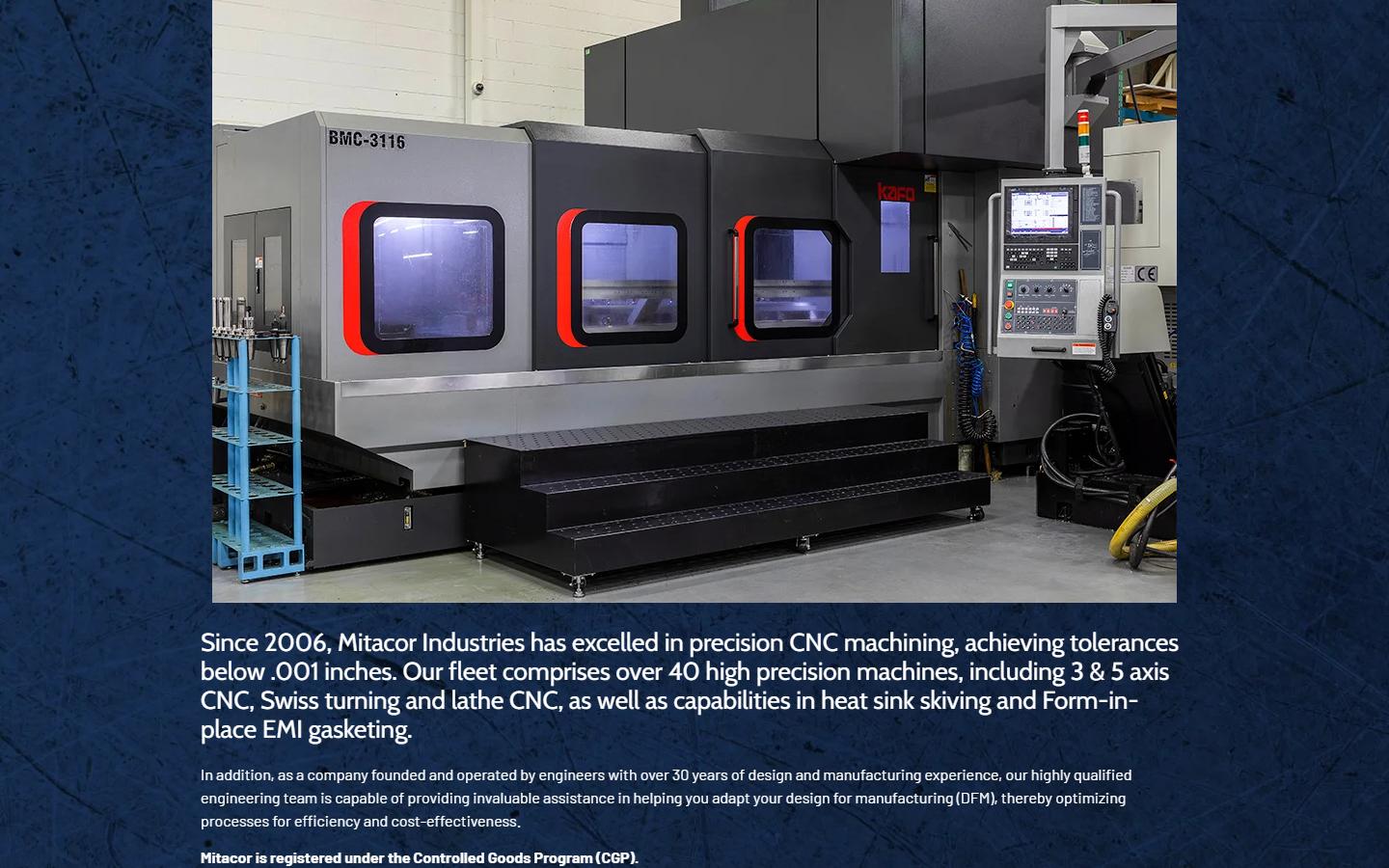 Mitacor Industries homepage, CNC machining in Montreal, QC
