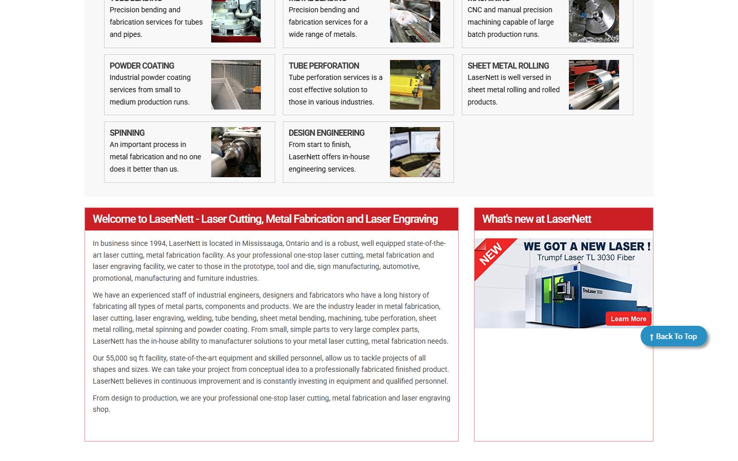 LaserNett homepage, CNC machining in Mississauga, ON