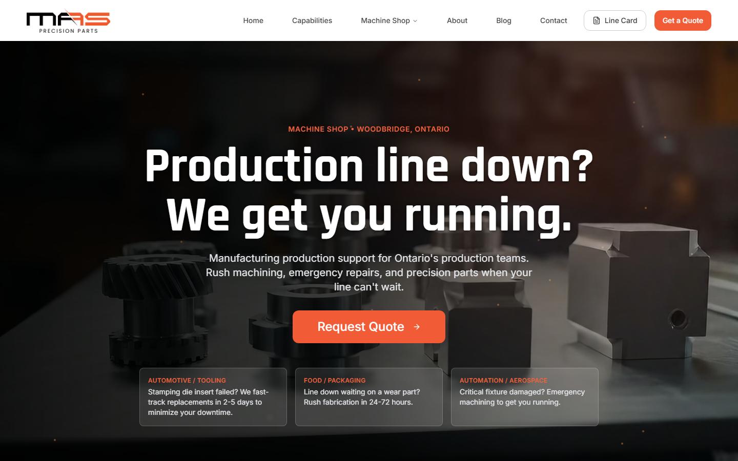 MAS Precision Parts homepage, CNC machining in Woodbridge, ON